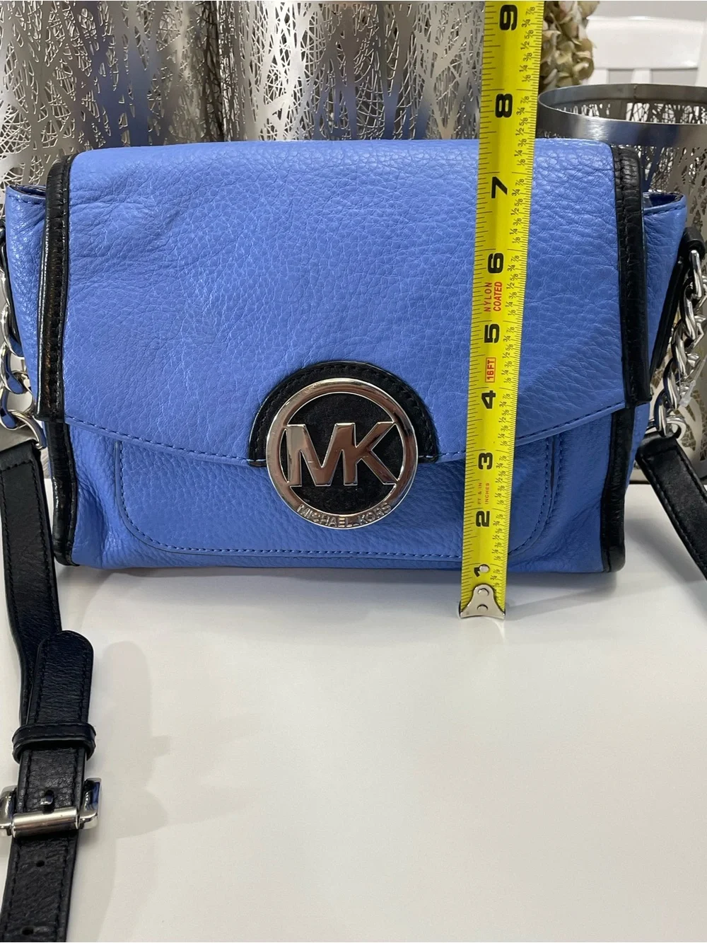 Michael Kors Blue Leather Crossbody Bag MK Logo Flap Chain Strap Shoulder